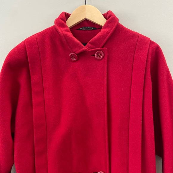 Vintage 70’s/80’s Wool Blend Holiday Red Double Breasted Puff Sleeve Peacoat - Picture 6 of 15